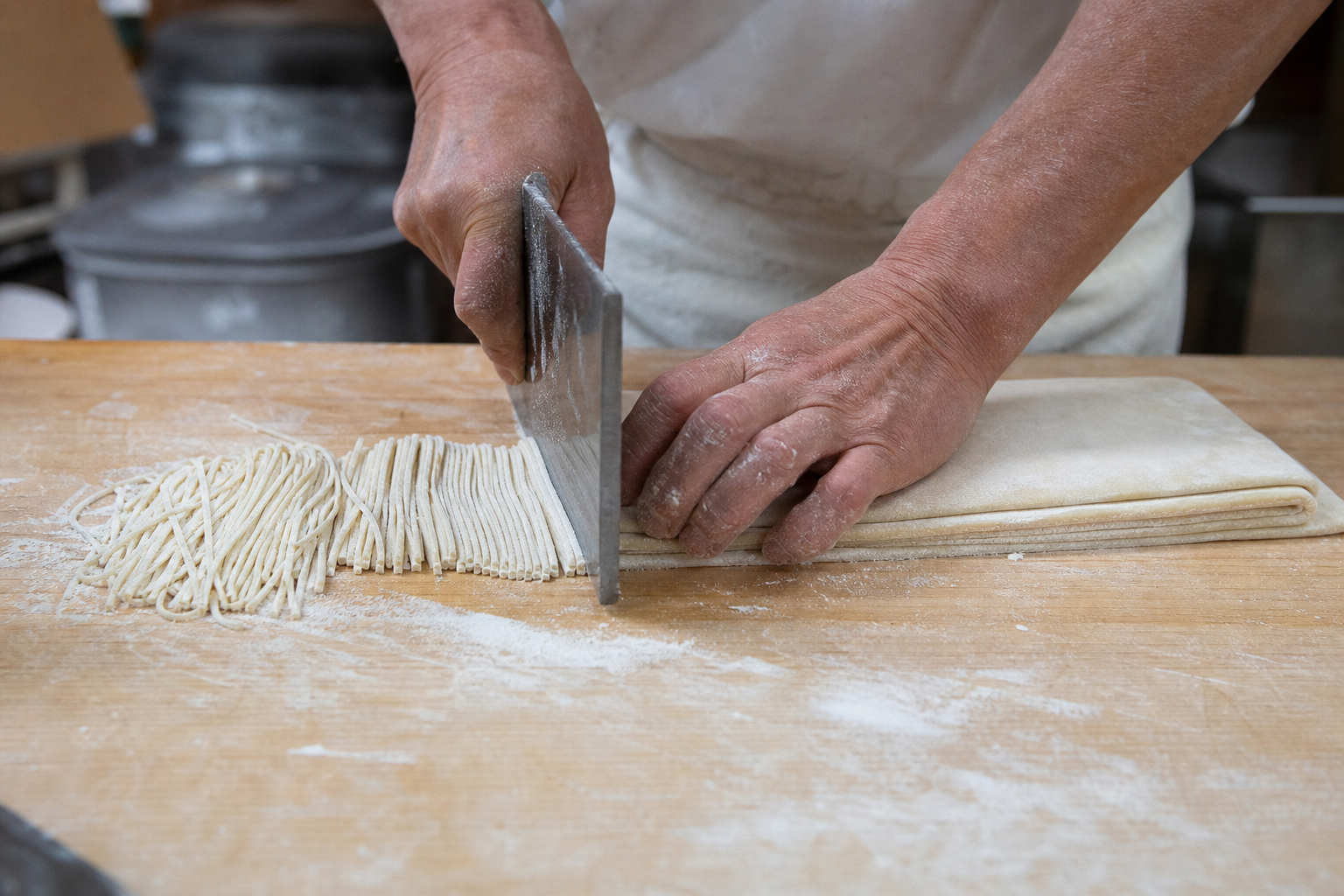 Hands preparing fresh ramen noodles