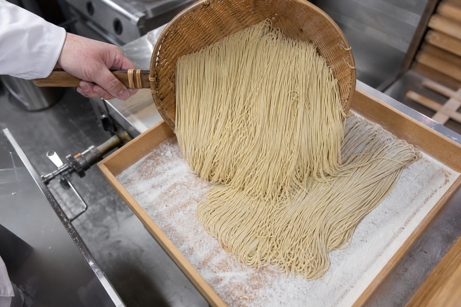 Fresh noodles lifted from the boiling broth